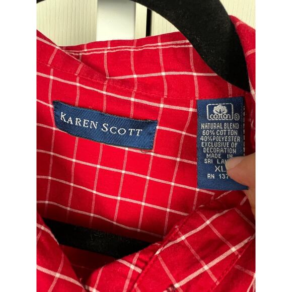 Vintage Karen Scott Red Plaid Holiday Winter Blouse Embroidered Penquins XL - Picture 4 of 6
